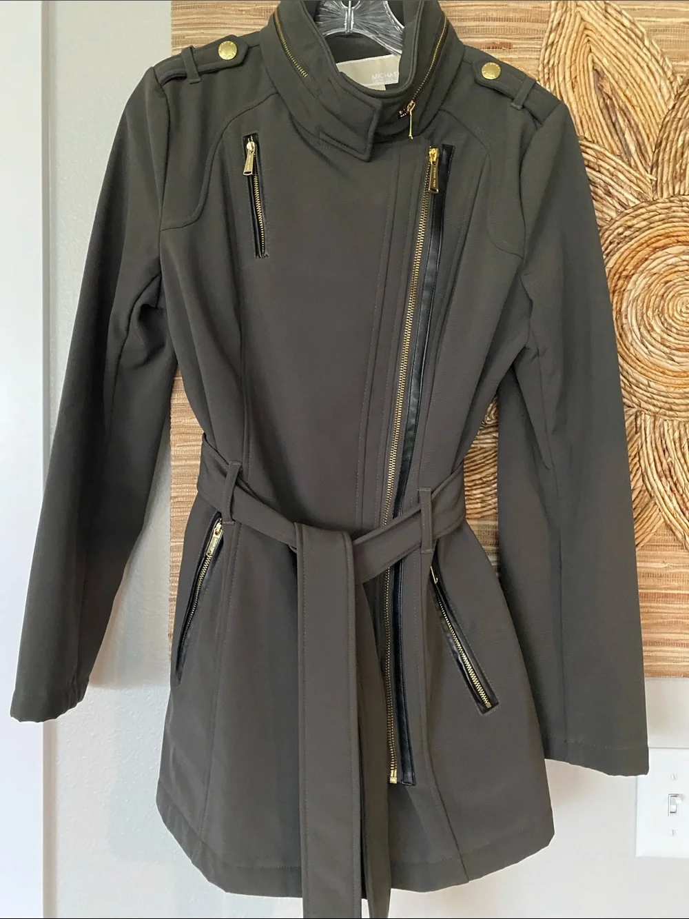 COPY MK Dark Olive Micro Fur Lined Coat Rain Resistant Stretch Hood Belt S